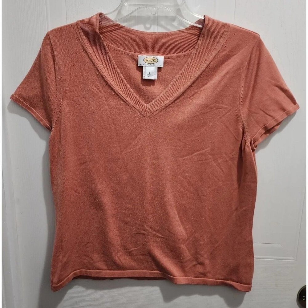 Vintage Talbots Women's Short Sleeve V Neck Knit Sweater Top Silk Blend Size LP